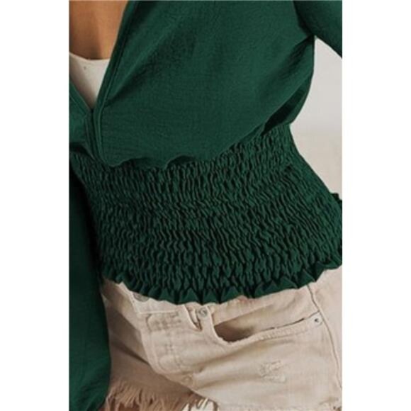 BiBi Smoking Waist Band and Puff Sleeves Deep V Neck Top - Picture 3 of 3